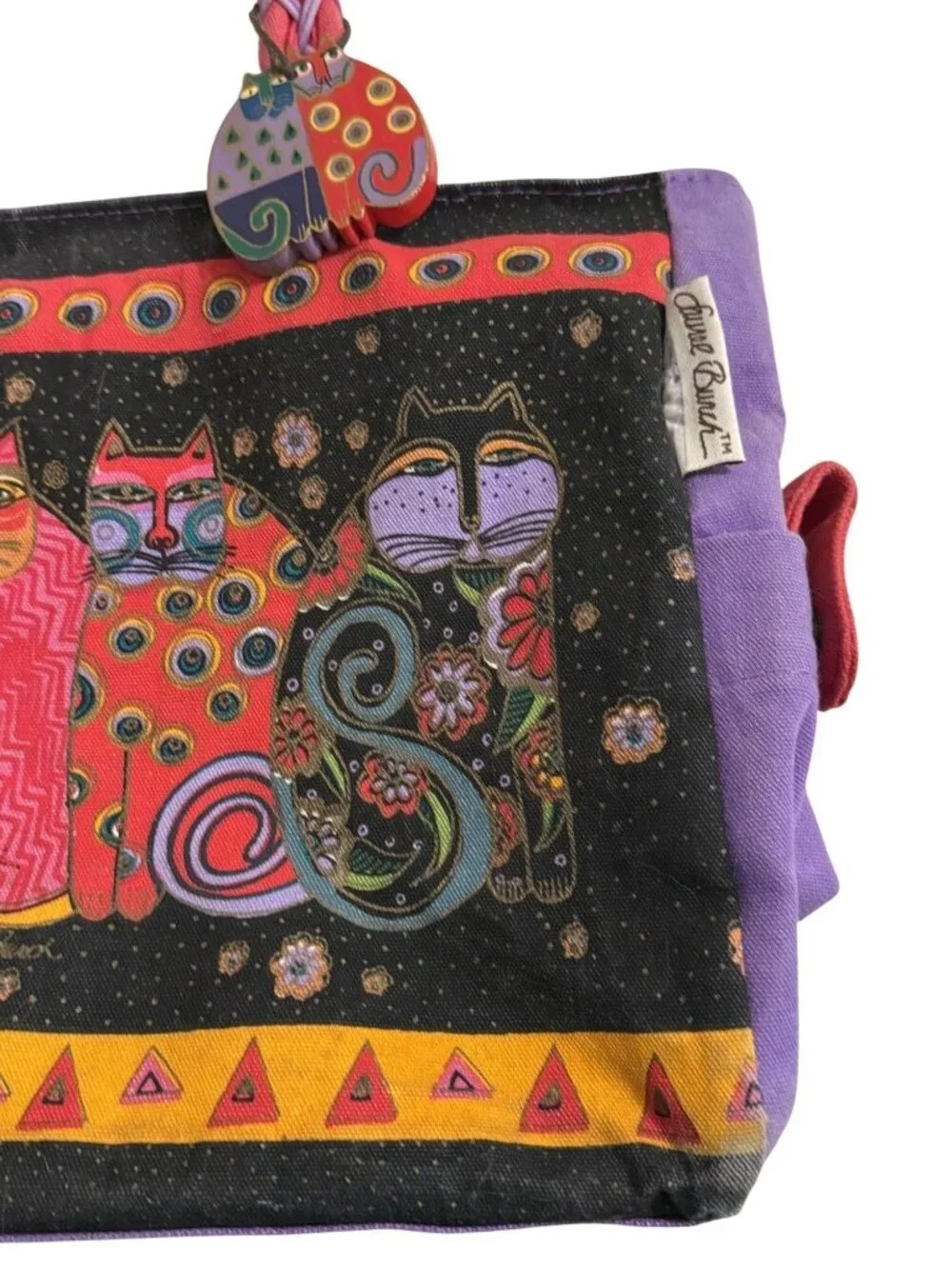 Laurel Burch Cat-Themed Canvas Tote Bag With Vibrant Multicolor Design & Woven H